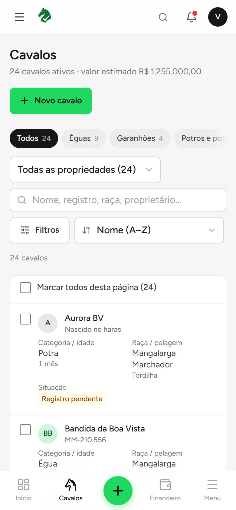 Lista de cavalos no celular