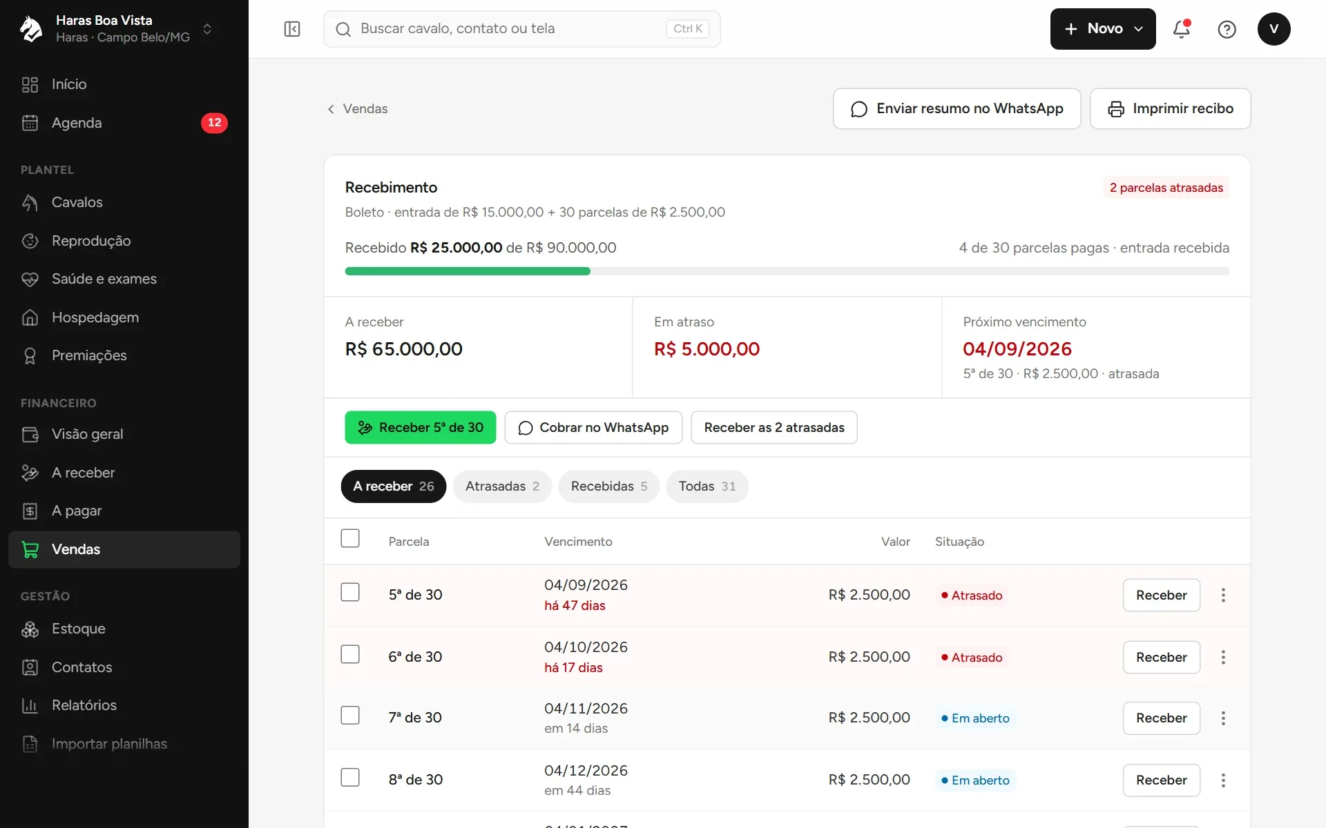 Exemplo de venda de potro com entrada e parcelas: recebimentos, atrasos e botão para cobrar no WhatsApp